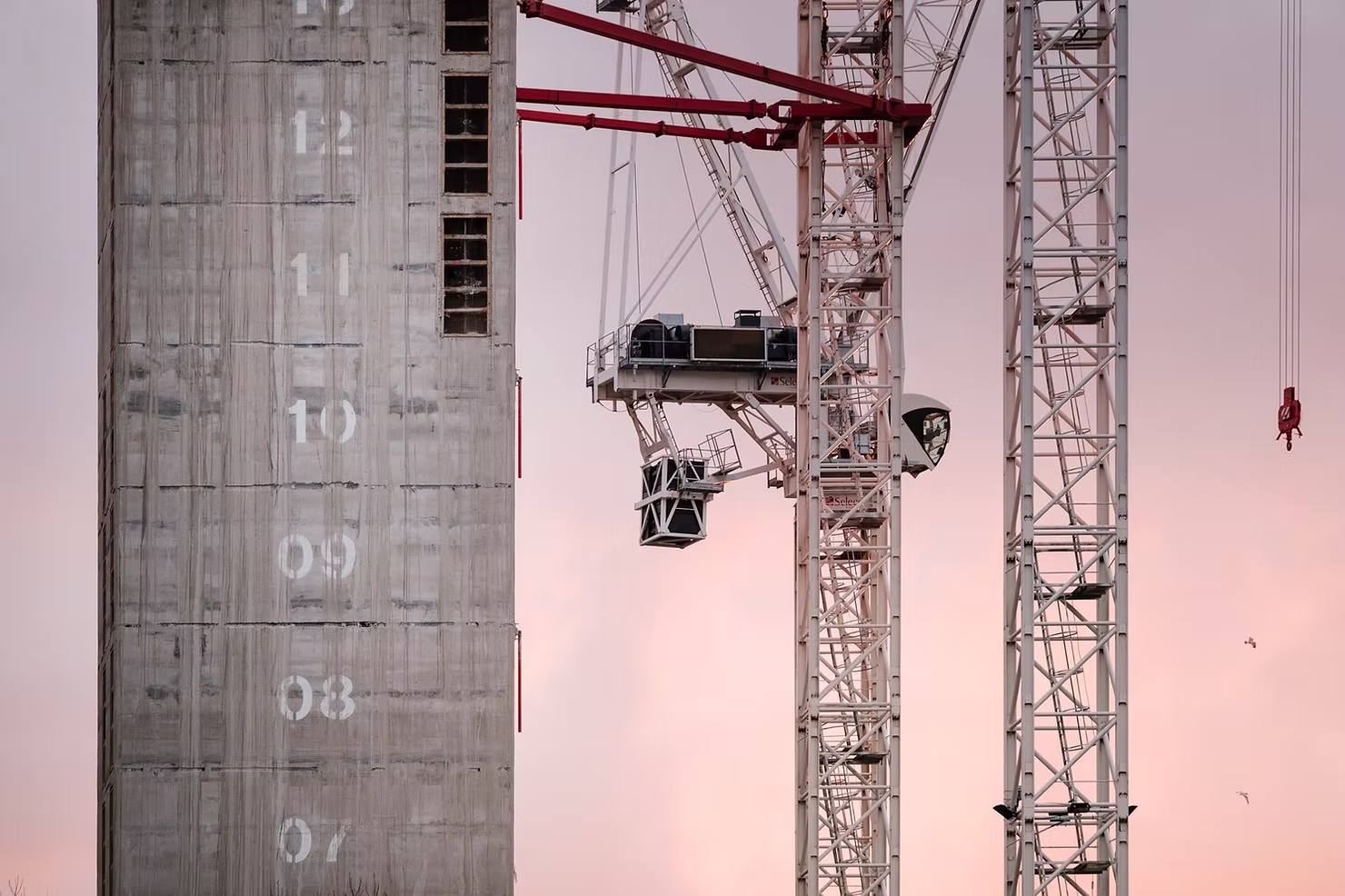 Tower cranes rising beside a concrete building core with painted floor numbers against a pink dusk sky