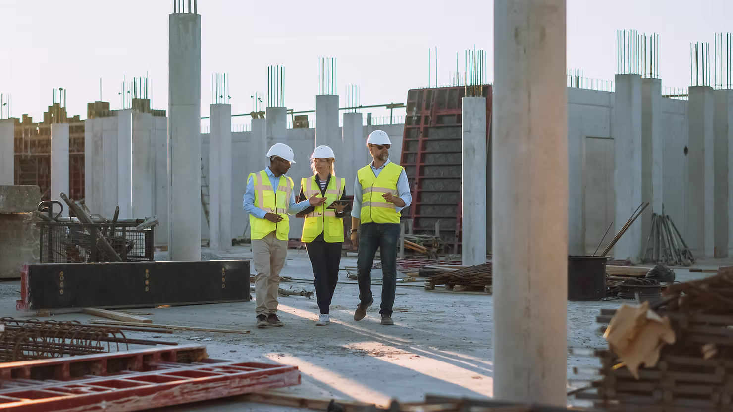 Three engineers in hard hats and safety vests walking and talking through a concrete building site, one holding a tablet