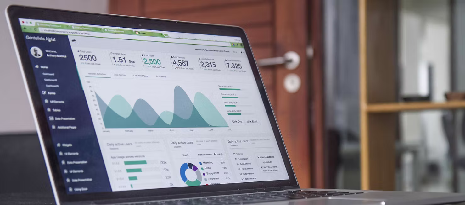 Laptop on a desk displaying an analytics dashboard with KPI tiles, area charts, and a donut chart