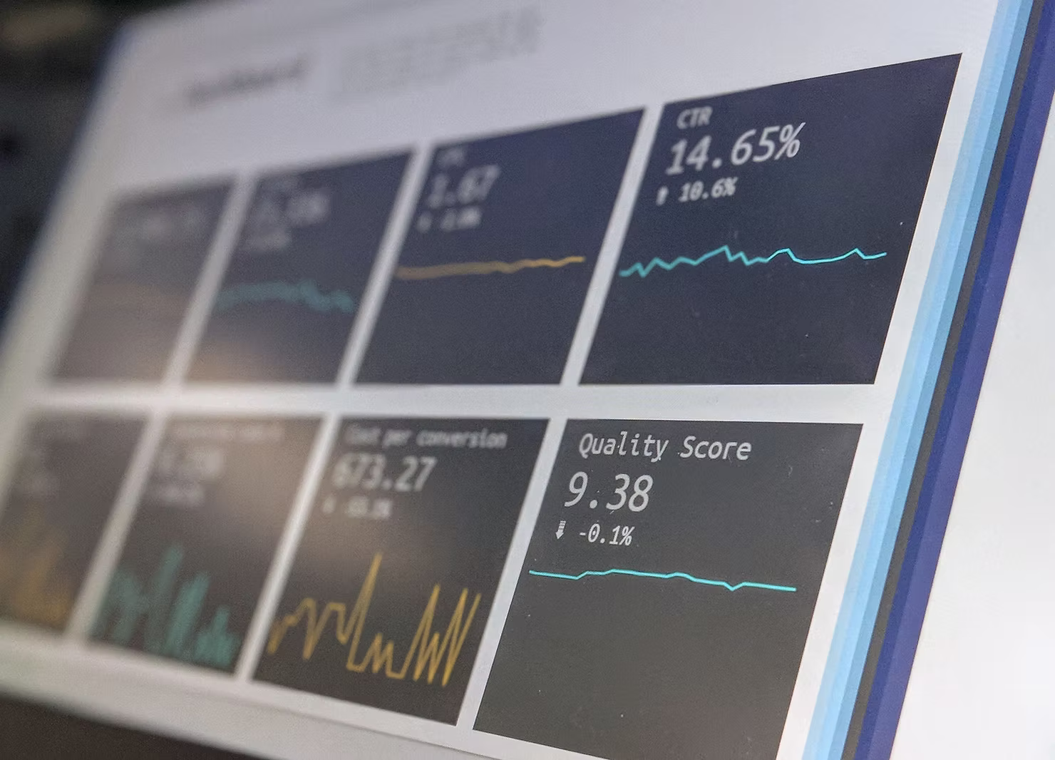 Close-up of a monitor displaying a performance dashboard with metric tiles and line charts