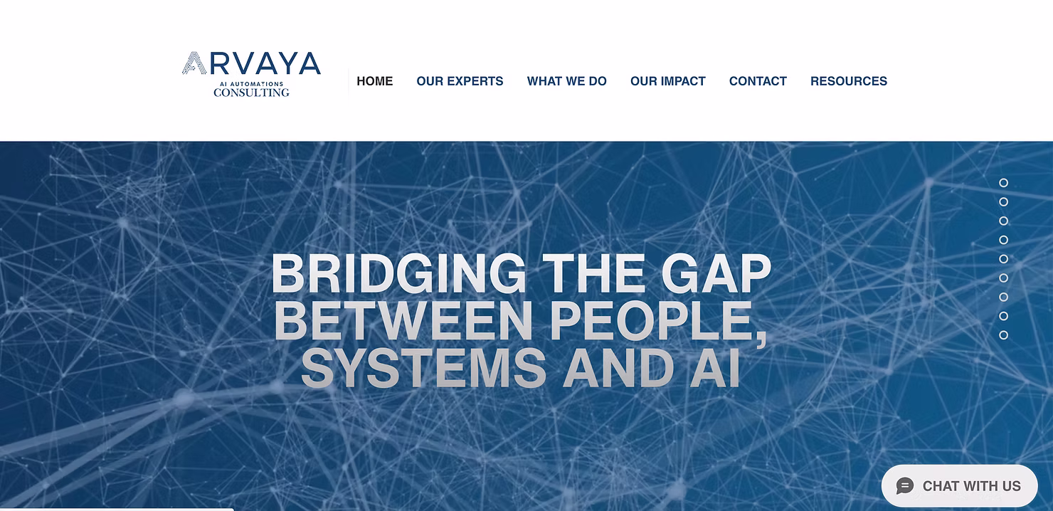 Screenshot of the Arvaya website homepage with the headline “Bridging the gap between people, systems and AI” over a blue network graphic